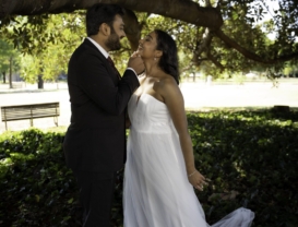 Couple sharing a champagne toast outside Perth Marriage Office